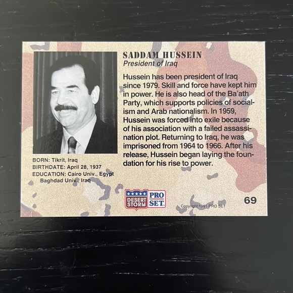 Desert Storm Pro Set trading card. Saddam Hussein - Picture 2 of 3